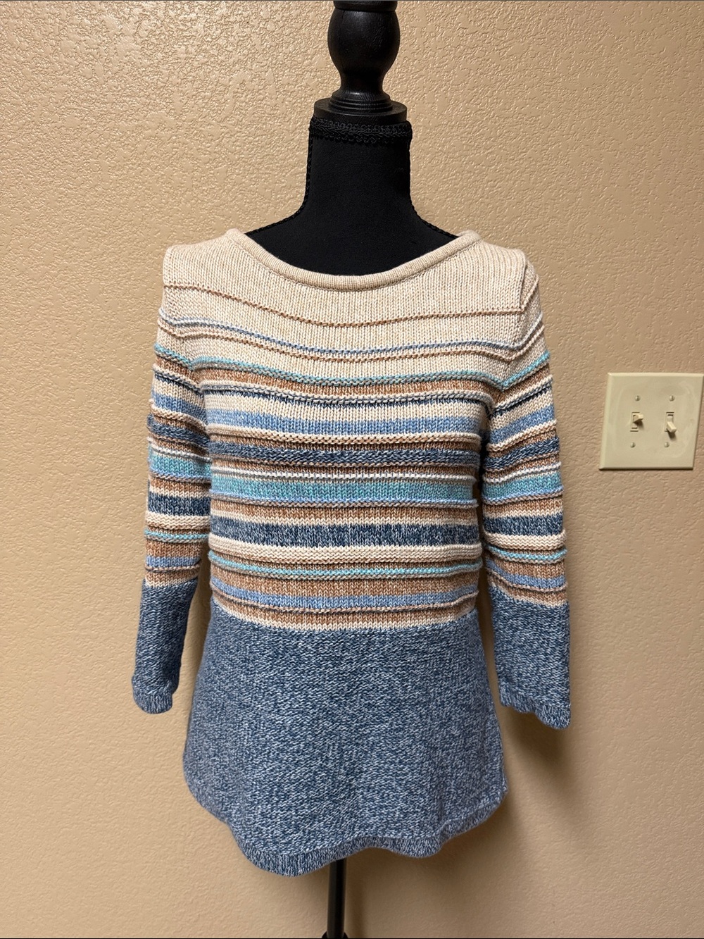L.L. Bean Blue, Cream and Tan Striped Knit Crewneck Sweater